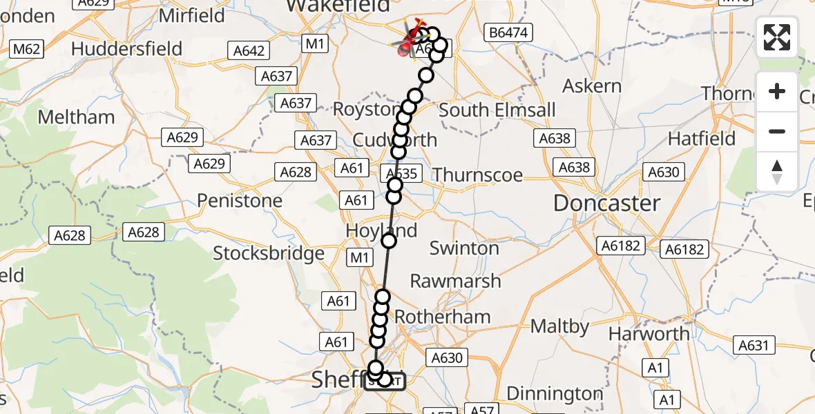 Flight route Air Ambulance Helicopter Wybourn - YAA Nostell Helicopter Port, 06 July 2026, 18:30