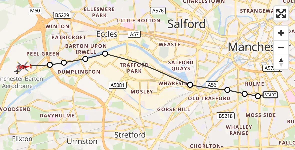 Flight route Air Ambulance Helicopter Moss Side - Manchester Barton Aerodrome, 06 July 2026, 18:46