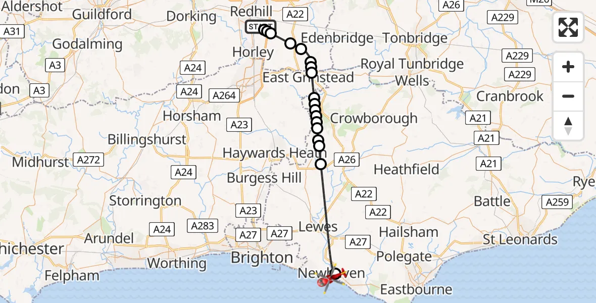 Flight route Air Ambulance Helicopter Redhill Aerodrome - Newhaven, 06 July 2026, 18:47