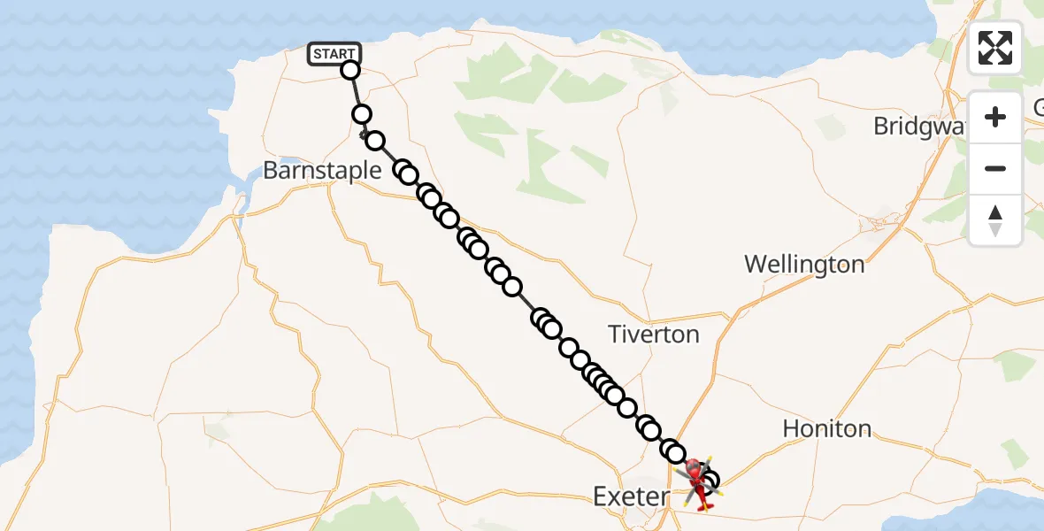 Flight route Air Ambulance Helicopter Combe Martin - Exeter International Airport, 06 July 2026, 18:49