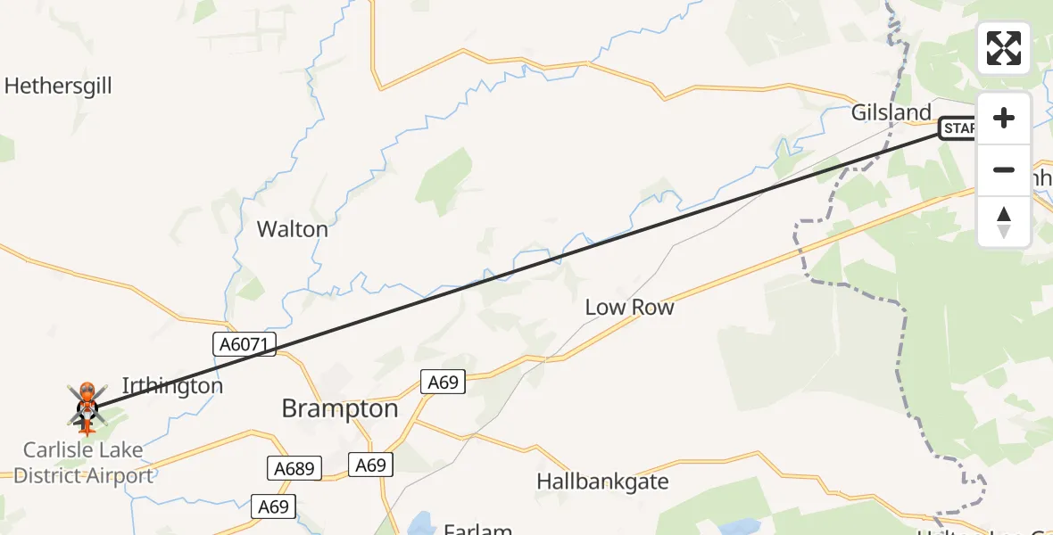 Flight route Coastguard Helicopter Gilsland - Carlisle Lake District Airport, 06 July 2026, 18:51