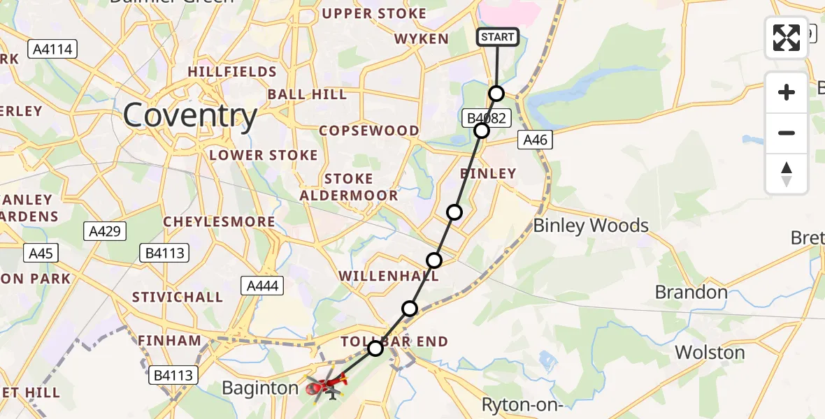 Flight route Air Ambulance Helicopter University Hospital Coventry - Coventry Airport, 06 July 2026, 18:53