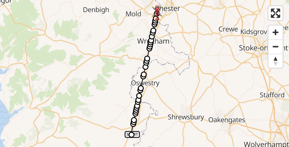 Flight route Air Ambulance Helicopter Welshpool Airport - Bretton, 06 July 2026, 18:58