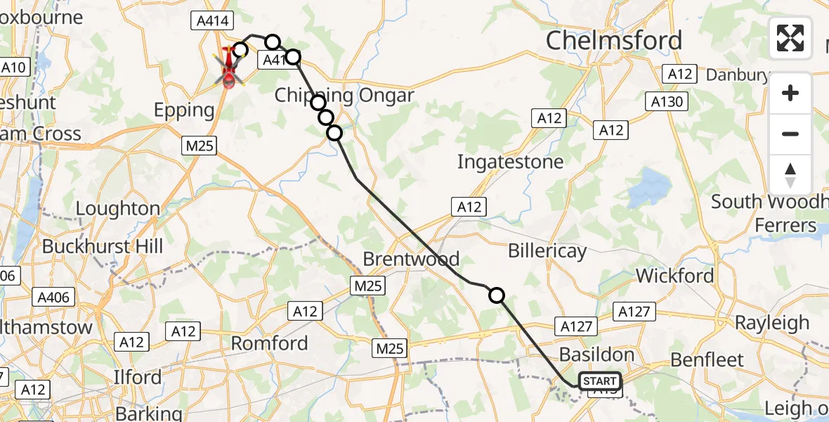 Flight route Air Ambulance Helicopter Basildon - North Weald Airfield, 06 July 2026, 19:04
