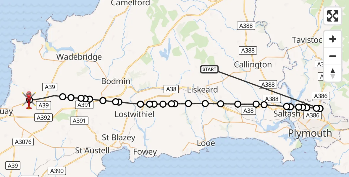 Flight route Air Ambulance Helicopter Pensilva - Cornwall Airport Newquay, 06 July 2026, 19:16