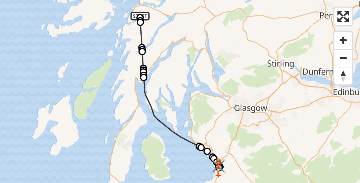 Flight route Coastguard Helicopter Oban - Glasgow Prestwick Airport, 06 July 2026, 19:29