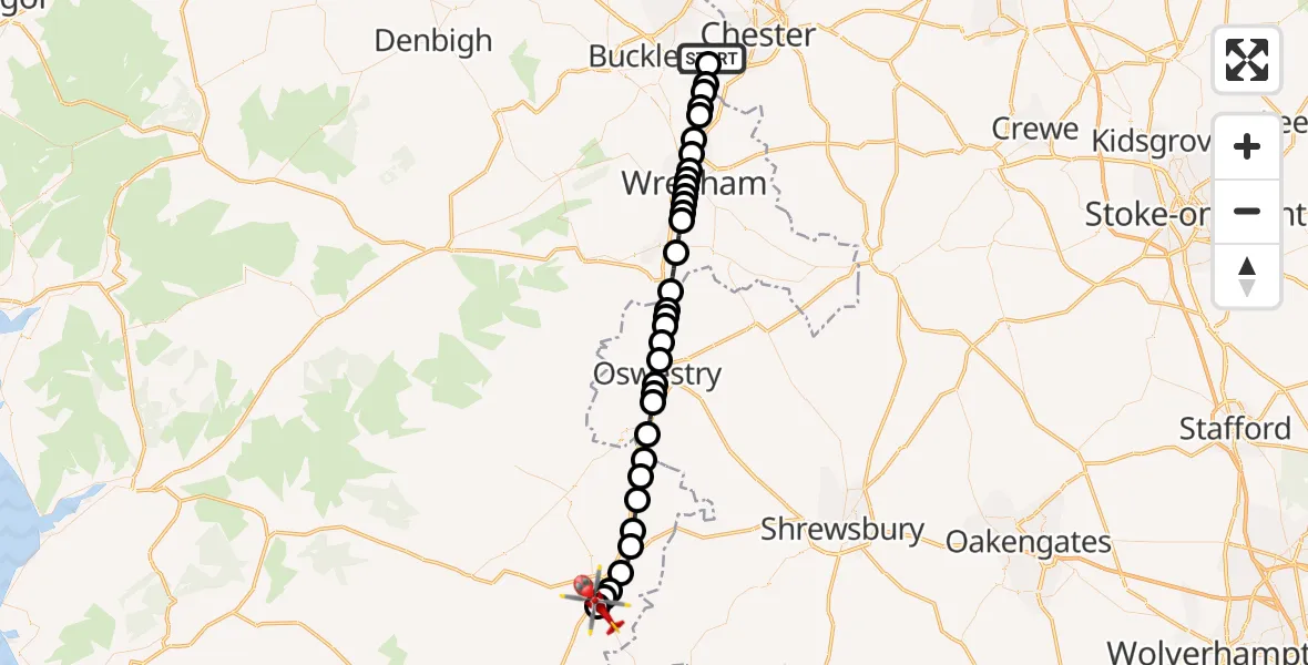 Flight route Air Ambulance Helicopter Bretton - Welshpool Airport, 06 July 2026, 19:32