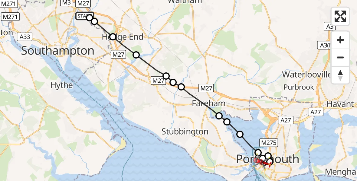 Flight route Air Ambulance Helicopter Townhill Park - Old Portsmouth, 06 July 2026, 20:09