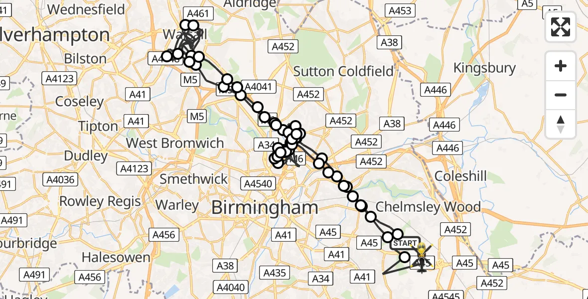 Flight route Police Helicopter Birmingham Airport - Birmingham Airport, 06 July 2026, 20:17