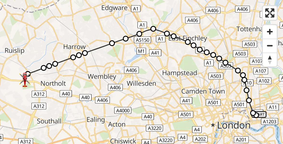 Flight route Air Ambulance Helicopter Royal London Hospital - RAF Northolt, 06 July 2026, 20:24