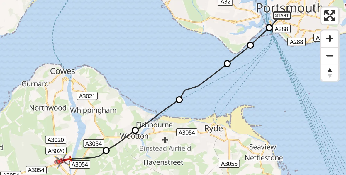 Flight route Air Ambulance Helicopter Old Portsmouth - St Marys Hospital Isle Of Wight, 06 July 2026, 20:46