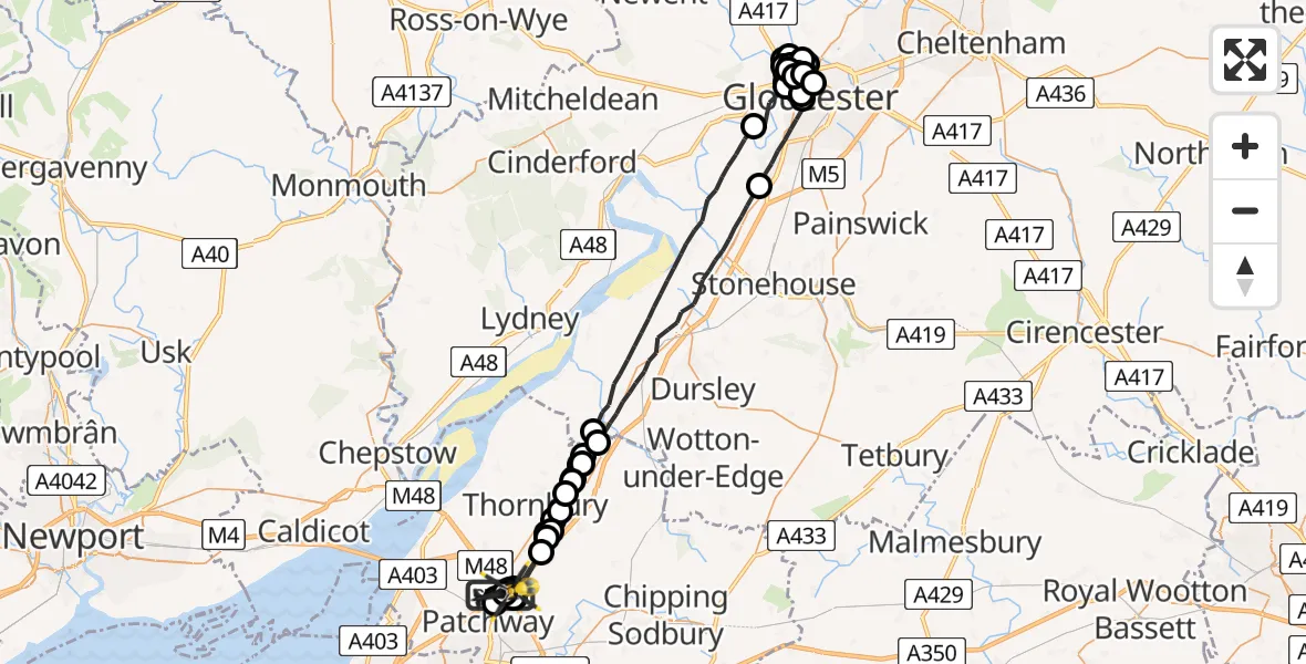 Flight route Police Helicopter Almondsbury Helicopter Base - Almondsbury Helicopter Base, 06 July 2026, 21:01