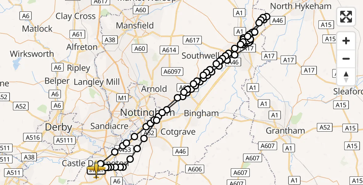 Flight route Police Aircraft East Midlands Airport - East Midlands Airport, 06 July 2026, 21:56