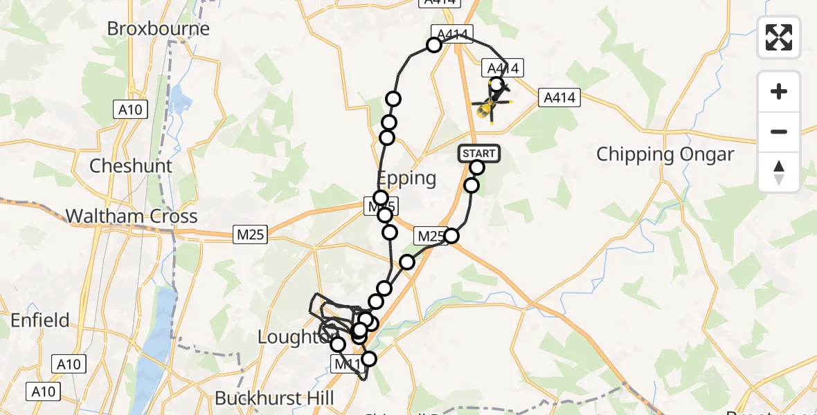 Flight route Police Helicopter Coopersale - North Weald Airfield, 06 July 2026, 21:57