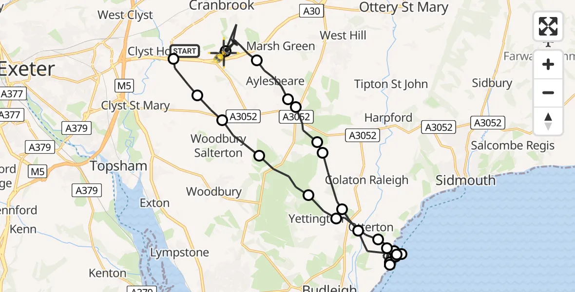 Flight route Police Helicopter Exeter International Airport - Aylesbeare, 06 July 2026, 22:10