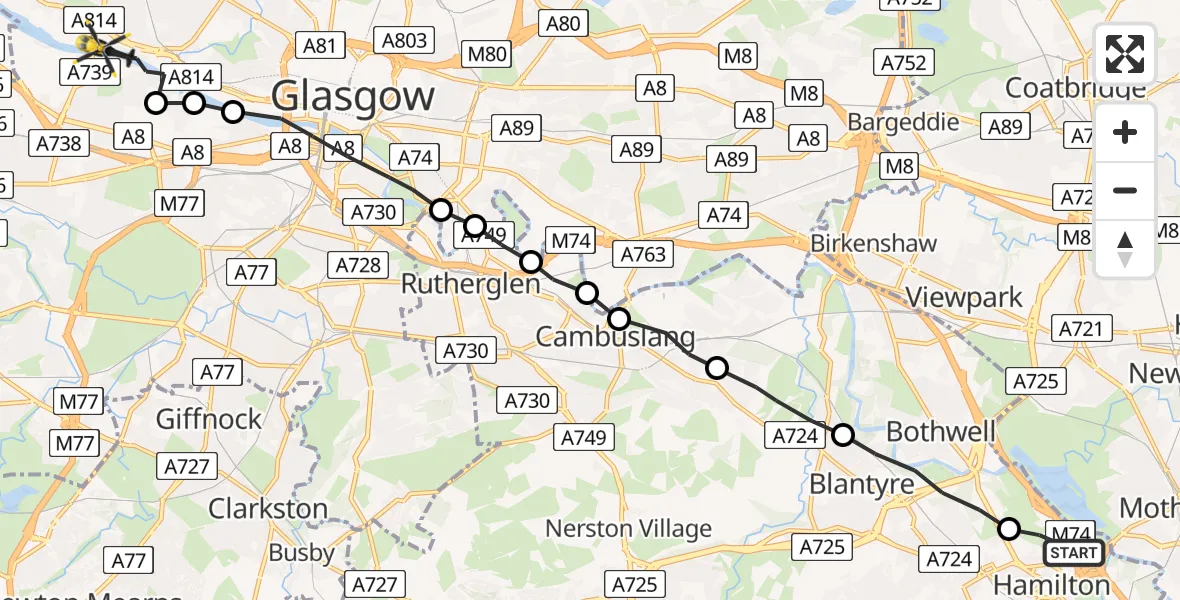Flight route Police Helicopter Hamilton - Glasgow, 06 July 2026, 22:22