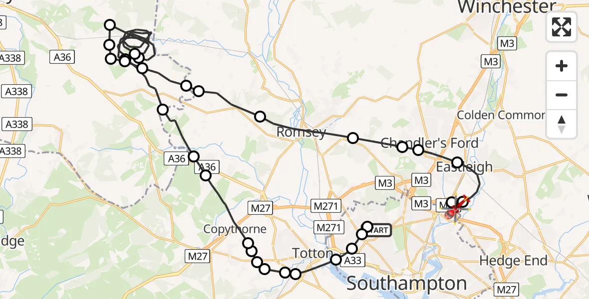 Flight route Air Ambulance Helicopter University Hospital Southampton - Southampton Airport, 06 July 2026, 22:36