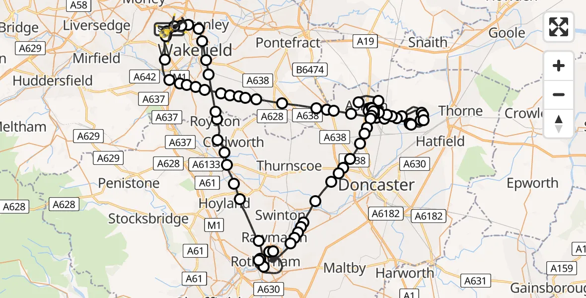 Flight route Police Helicopter East Ardsley - East Ardsley, 06 July 2026, 22:48