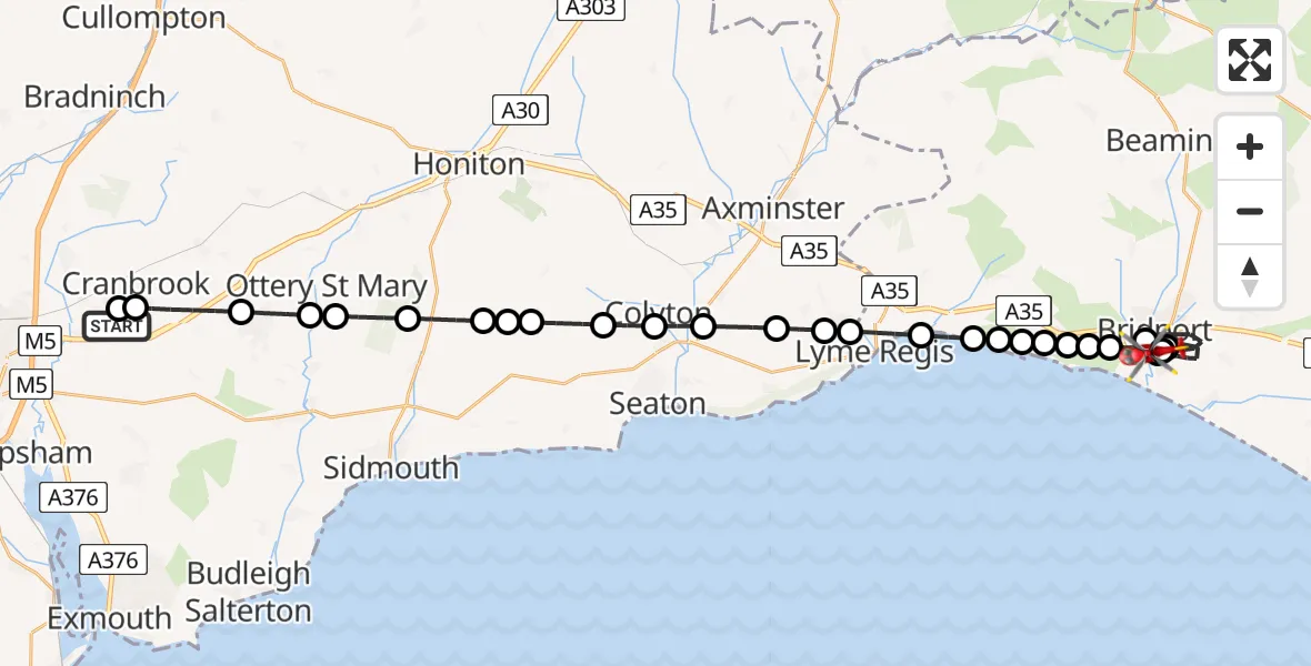 Flight route Air Ambulance Helicopter Exeter International Airport - Eype, 06 July 2026, 23:16