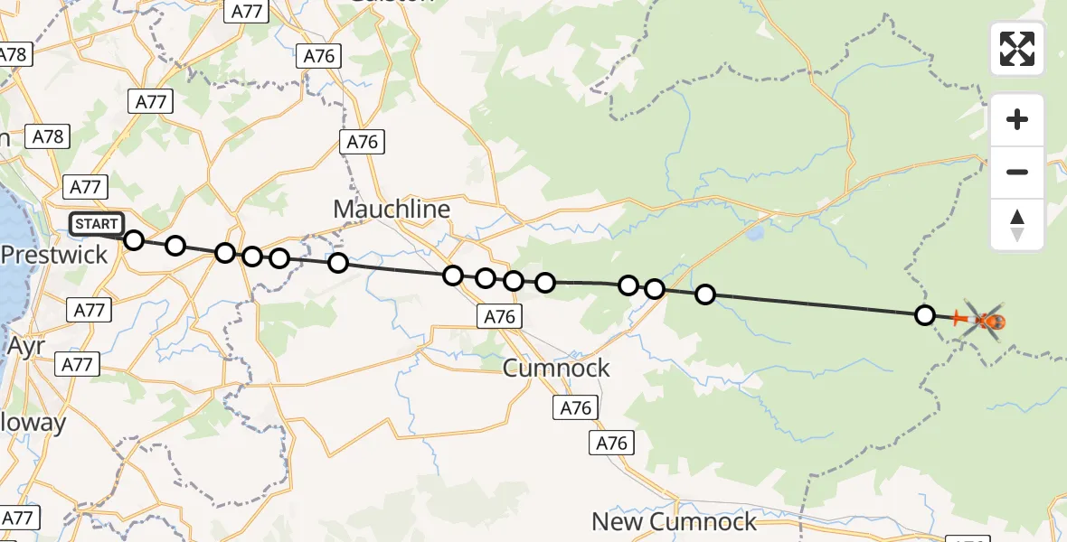 Flight route Coastguard Helicopter Glasgow Prestwick Airport - South Lanarkshire, 06 July 2026, 23:18