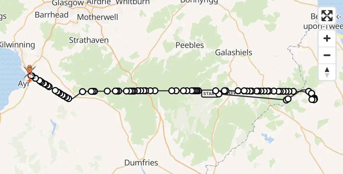 Flight route Coastguard Helicopter Scottish Borders - Glasgow Prestwick Airport, 06 July 2026, 23:42