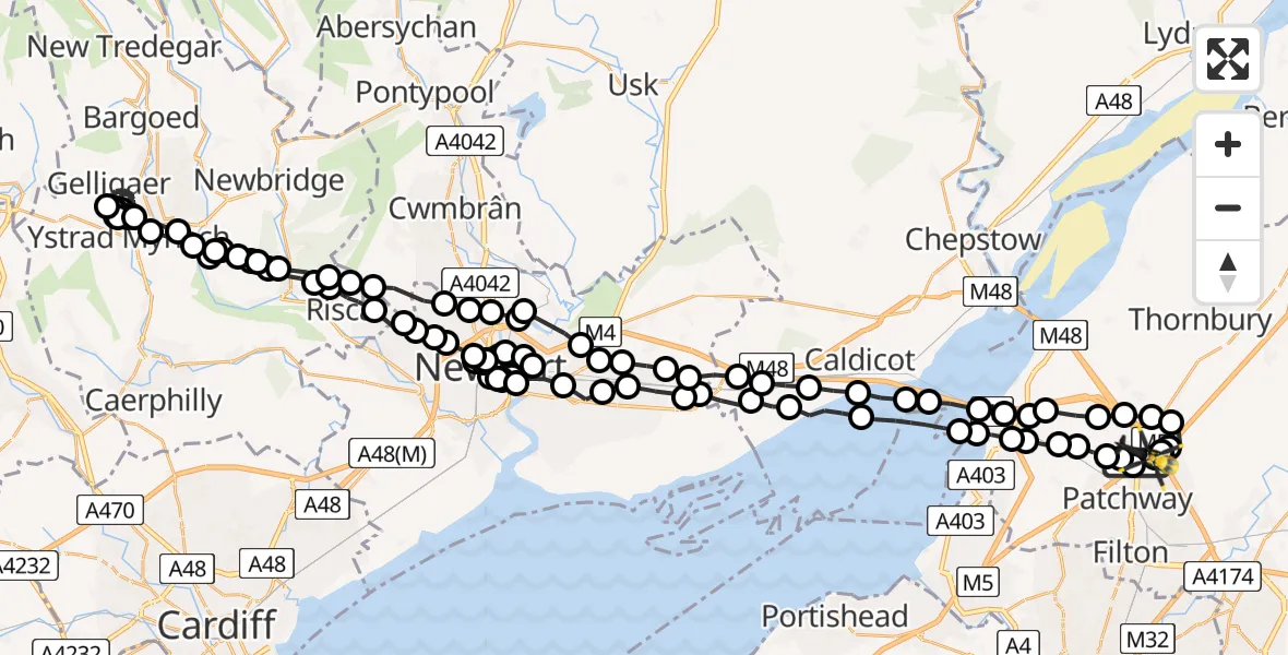 Flight route Police Helicopter Almondsbury - Almondsbury Helicopter Base, 06 July 2026, 23:48