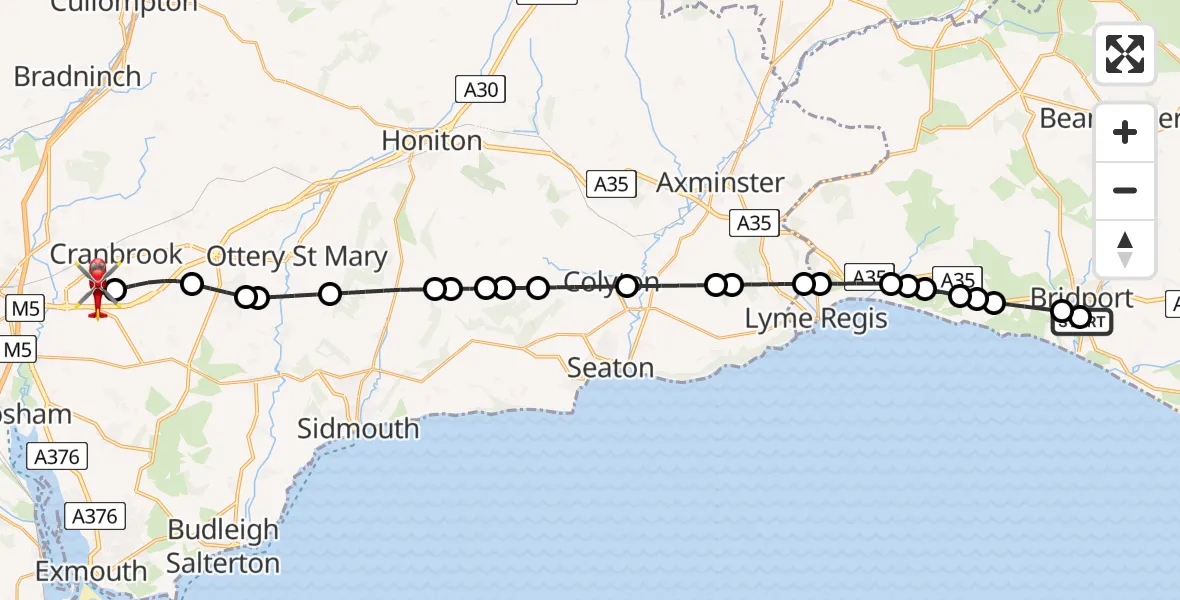 Flight route Air Ambulance Helicopter Bridport - Exeter International Airport, 07 July 2026, 00:34