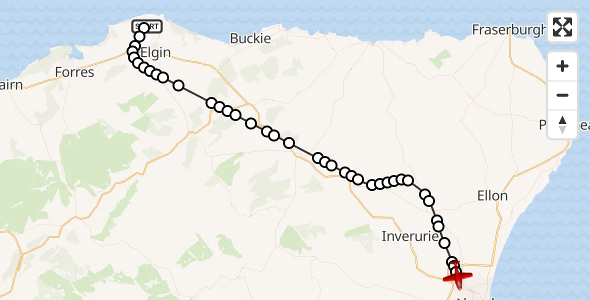 Flight route Air Ambulance Aircraft RAF Lossiemouth - Aberdeen International Airport, 07 July 2026, 01:28