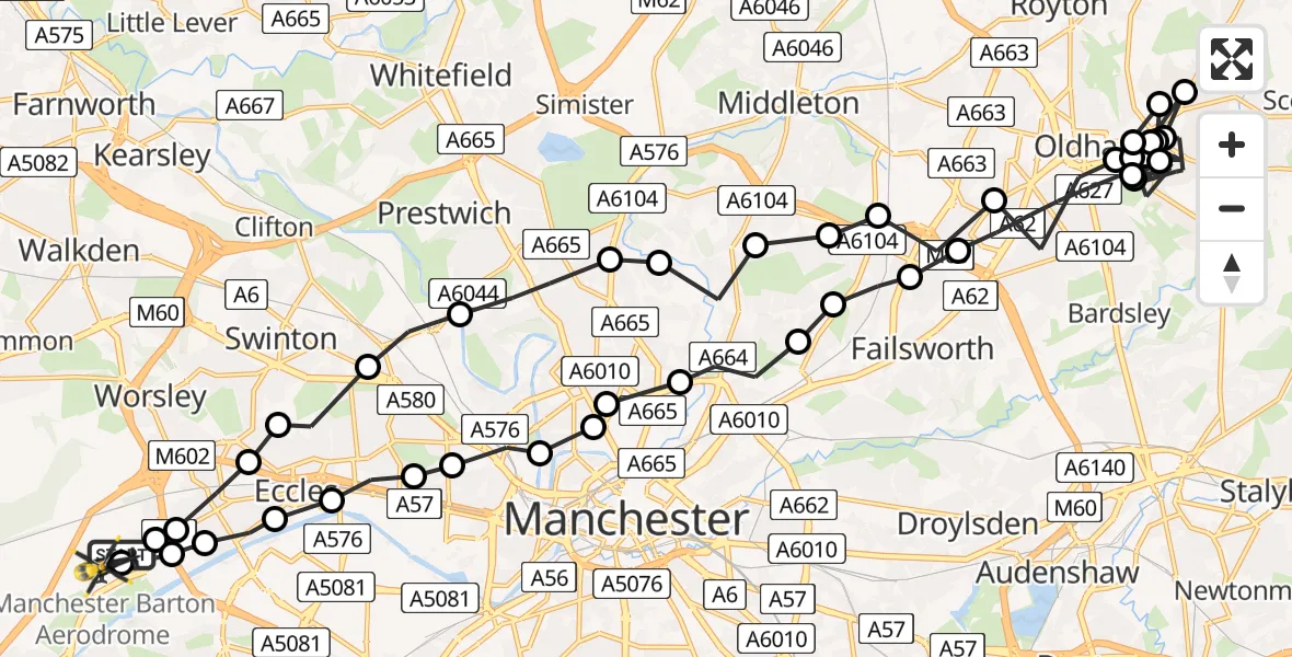 Flight route Police Helicopter Manchester Barton Aerodrome - Manchester Barton Aerodrome, 07 July 2026, 02:02