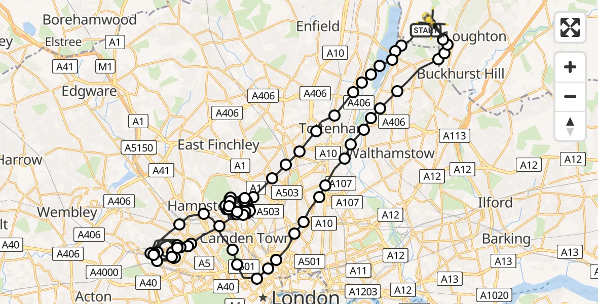 Flight route Police Helicopter Sewardstonebury - Sewardstonebury, 07 July 2026, 02:43