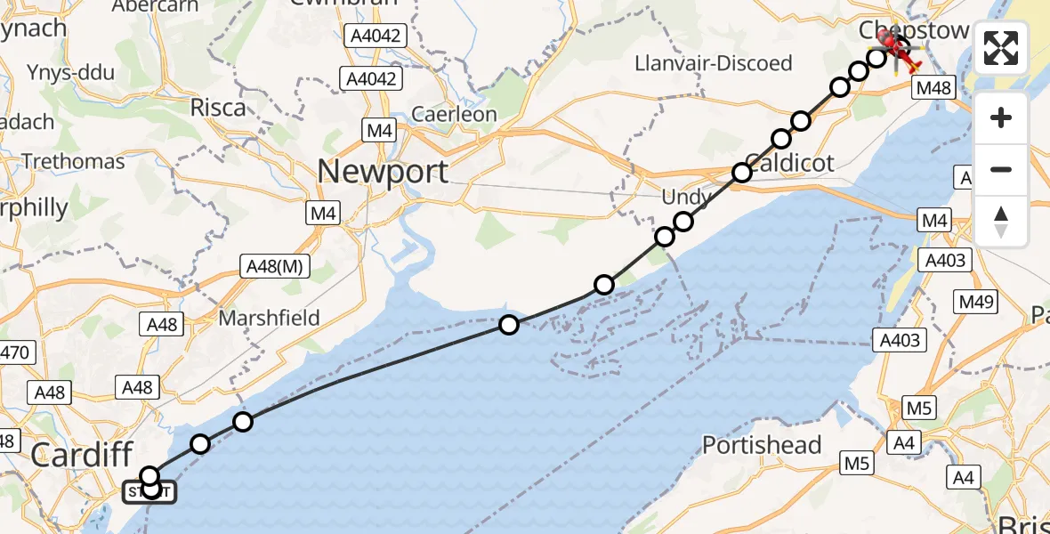 Flight route Air Ambulance Helicopter Cardiff Heliport - Pwllmeyric, 07 July 2026, 05:14