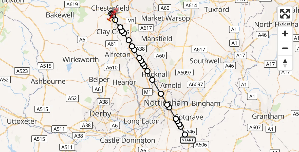 Flight route Air Ambulance Helicopter Widmerpool - Wingerworth, 07 July 2026, 05:23