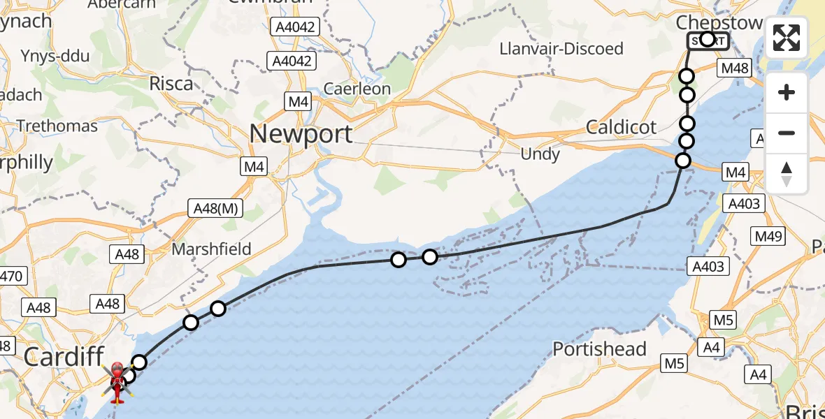 Flight route Air Ambulance Helicopter Chepstow - Cardiff Heliport, 07 July 2026, 06:20