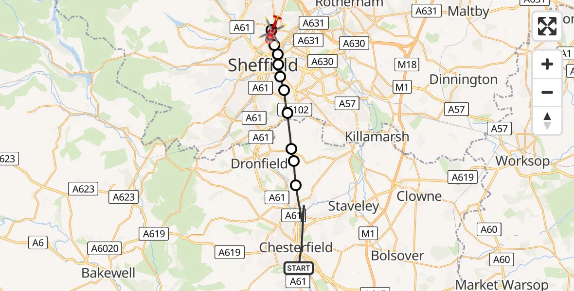 Flight route Air Ambulance Helicopter Chesterfield - Sheffield Northern Hospital, 07 July 2026, 06:37