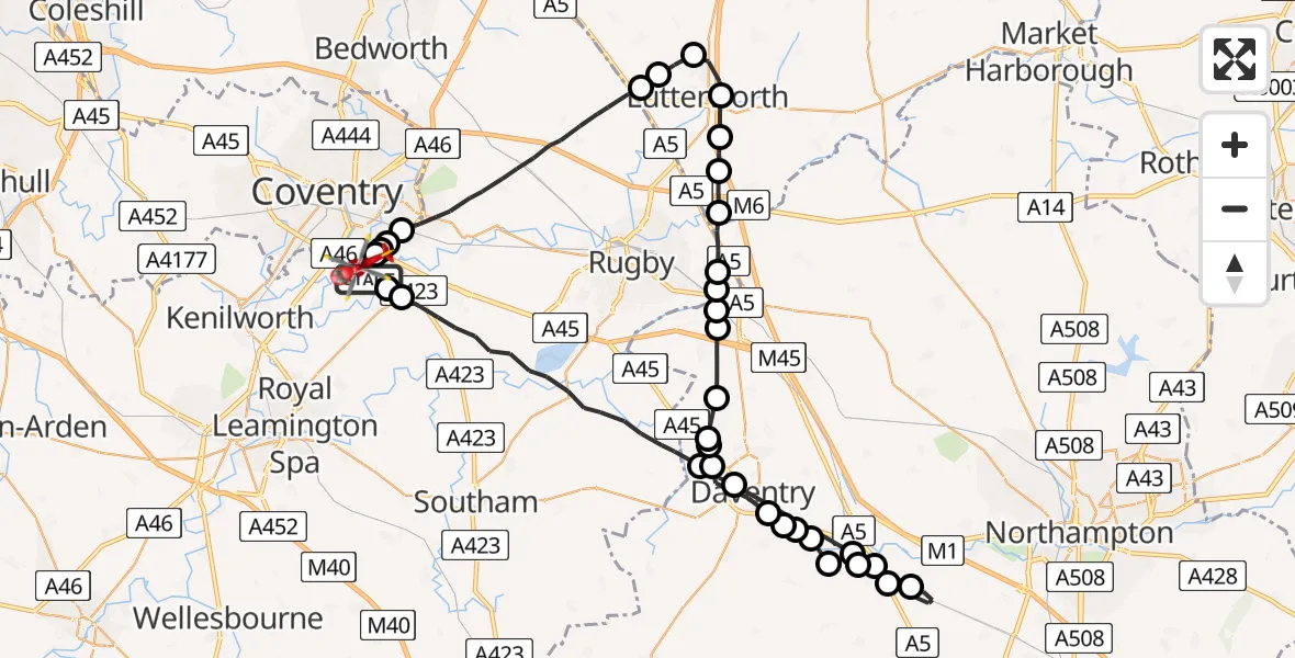 Flight route Air Ambulance Helicopter Coventry Airport - Coventry Airport, 07 July 2026, 07:04