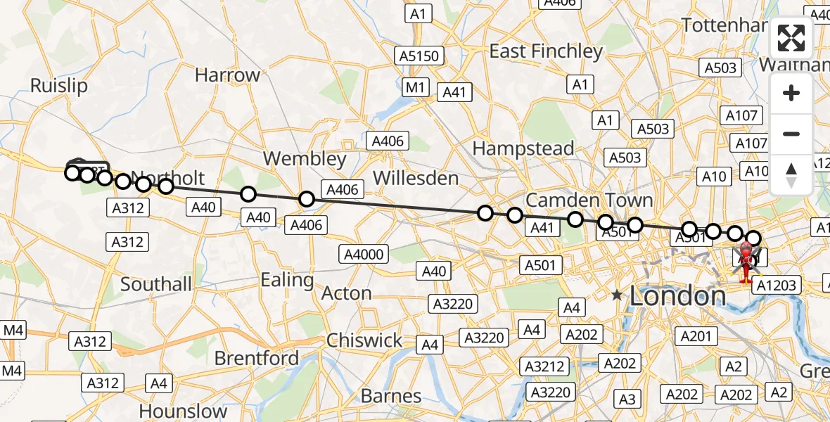 Flight route Air Ambulance Helicopter RAF Northolt - Royal London Hospital, 07 July 2026, 07:05