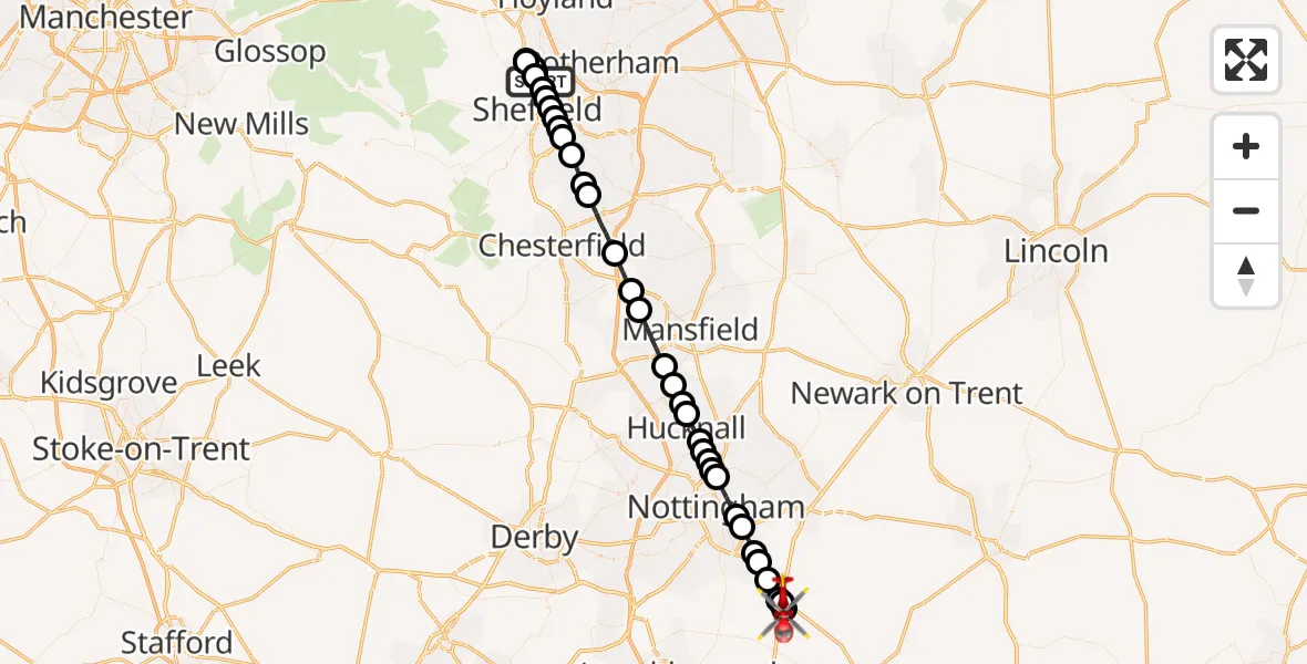 Flight route Air Ambulance Helicopter Shirecliffe - Nottingham Heliport, 07 July 2026, 07:30