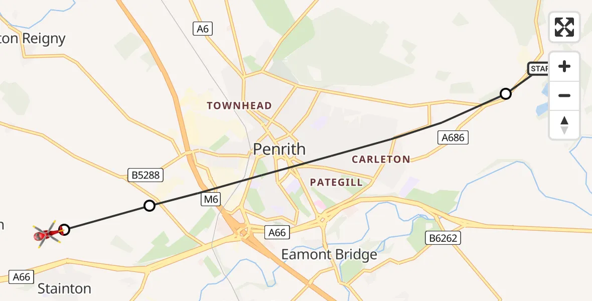 Flight route Air Ambulance Helicopter Edenhall - Stainton, 07 July 2026, 07:41
