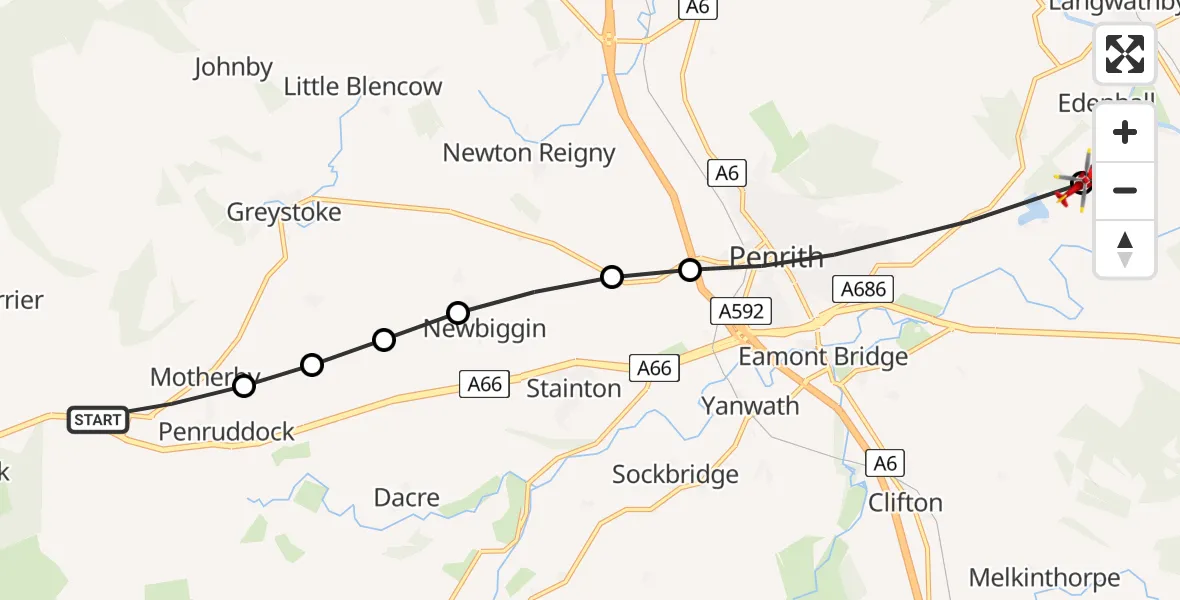 Flight route Air Ambulance Helicopter Motherby - Edenhall, 07 July 2026, 08:38