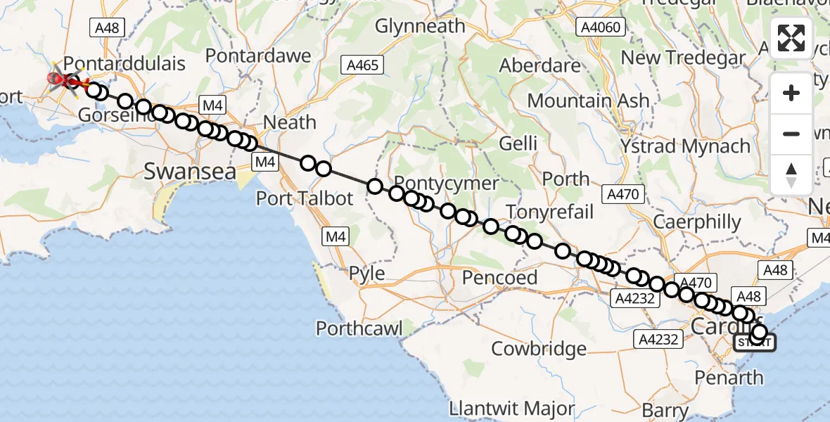 Flight route Air Ambulance Helicopter Cardiff Heliport - Dafen, 07 July 2026, 08:51