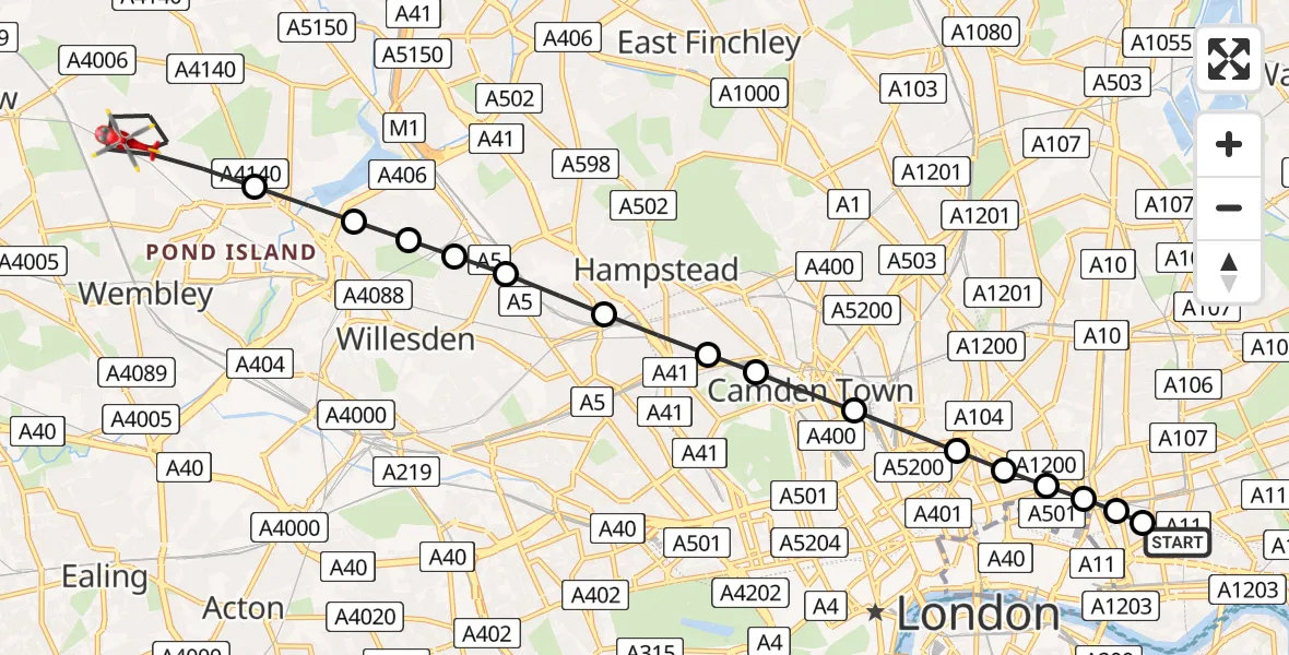 Flight route Air Ambulance Helicopter Royal London Hospital - Preston, 07 July 2026, 08:52