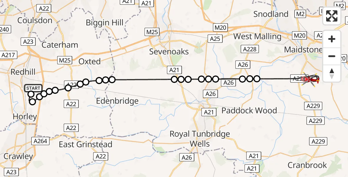 Flight route Air Ambulance Helicopter Redhill Aerodrome - Maidstone, 07 July 2026, 09:14