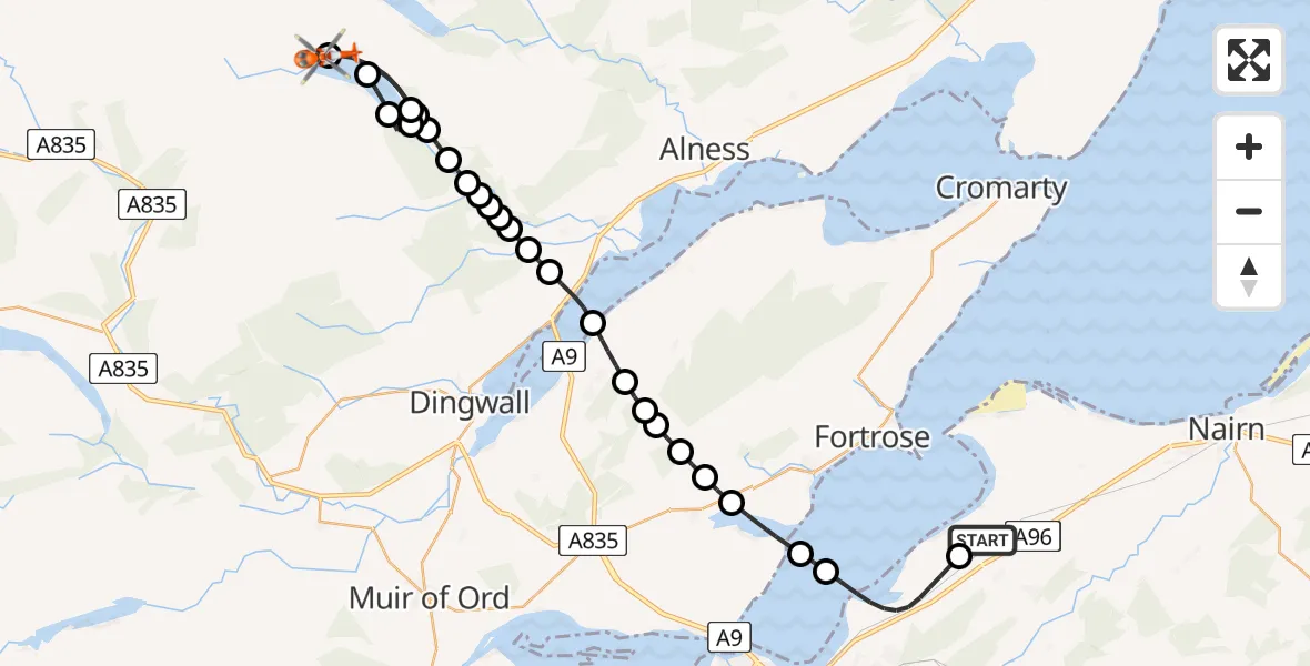 Flight route Coastguard Helicopter Inverness Airport - Loch Glass, 07 July 2026, 09:18