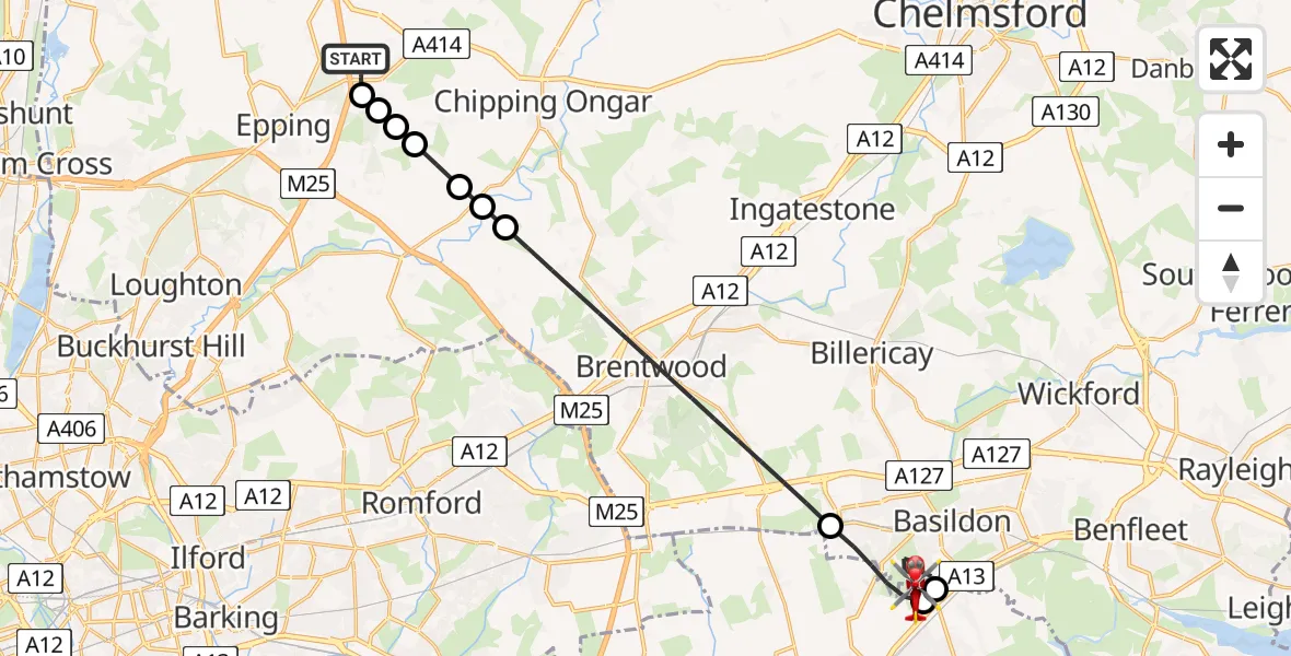 Flight route Air Ambulance Helicopter North Weald Airfield - Basildon, 07 July 2026, 09:19