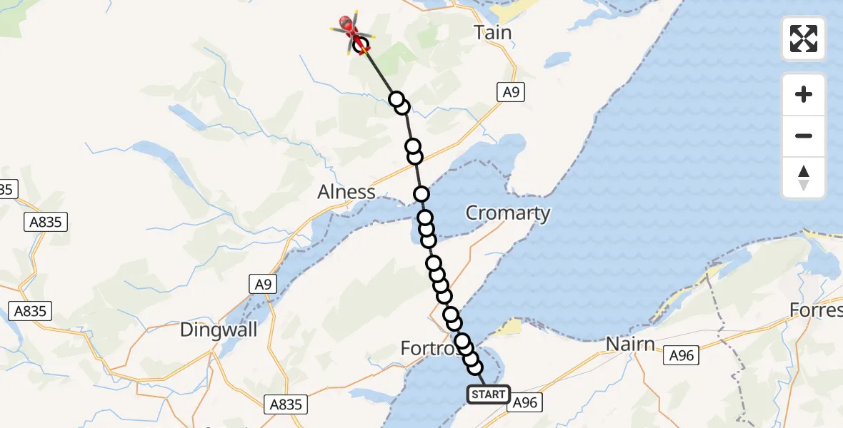 Flight route Air Ambulance Helicopter Ardersier - Edderton, 07 July 2026, 09:25