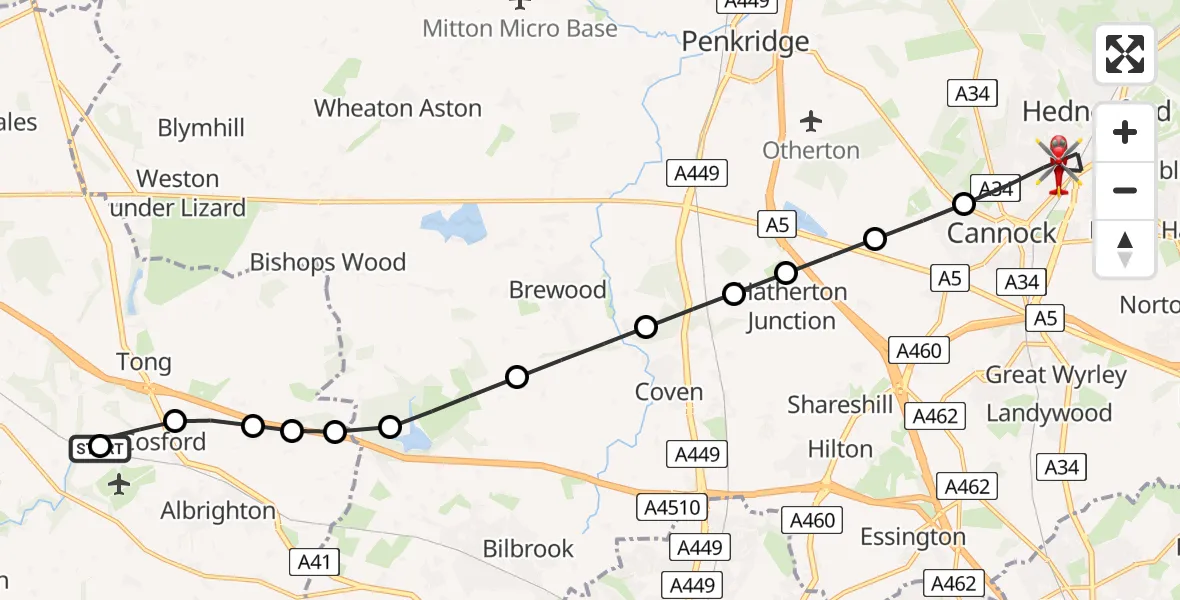 Flight route Air Ambulance Helicopter RAF Cosford - Cannock, 07 July 2026, 09:27