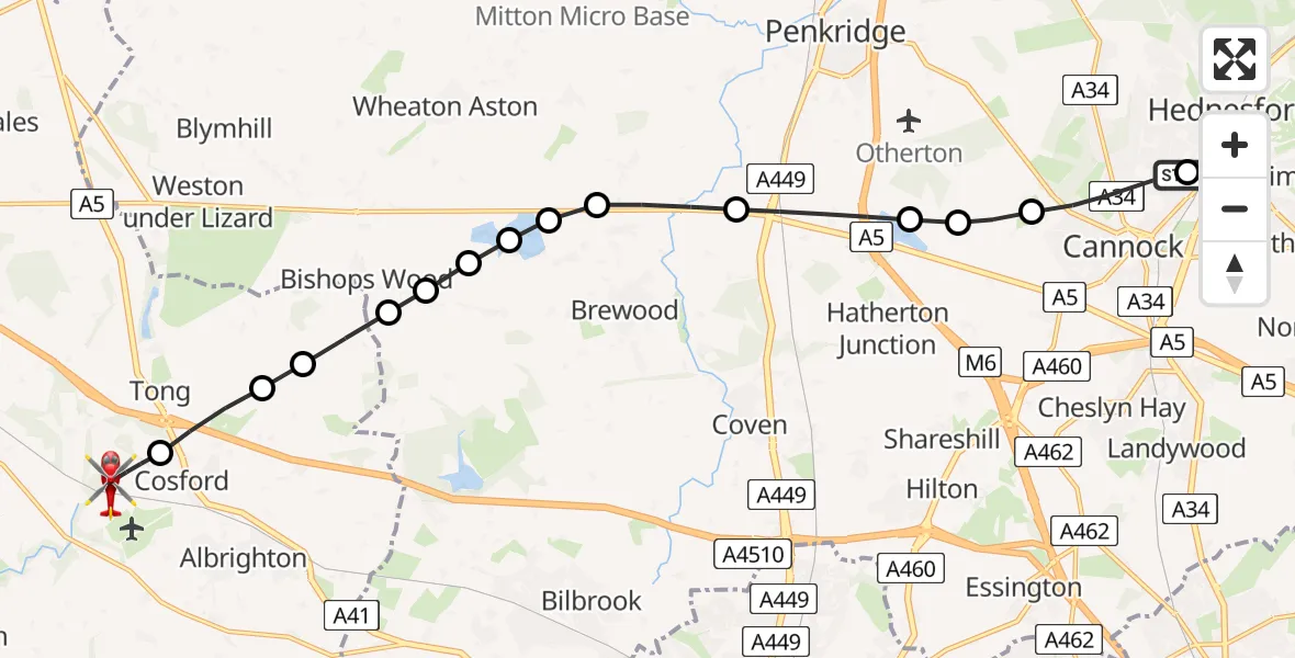 Flight route Air Ambulance Helicopter Cannock - Cosford, 07 July 2026, 10:08
