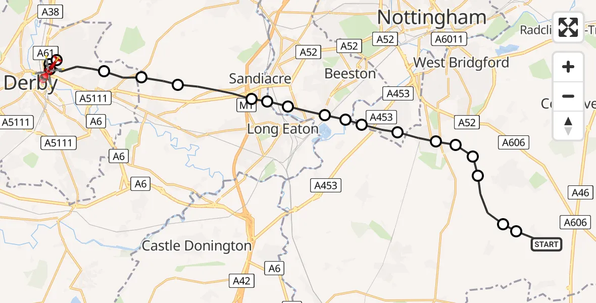 Flight route Air Ambulance Helicopter Widmerpool - New Normanton, 07 July 2026, 10:11