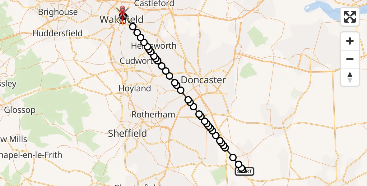 Flight route Air Ambulance Helicopter Retford Gamston Airport - Stanley, 07 July 2026, 10:11