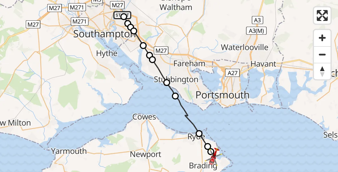 Flight route Air Ambulance Helicopter Townhill Park - St. Helens, 07 July 2026, 10:15